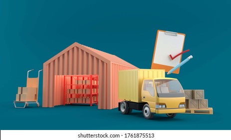 Stocked in a warehouse surrounded by trucks, boxes and notepad on a blue background.-3d rendering.
 - Powered by Shutterstock