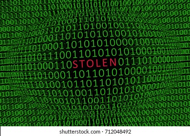 Stolen Data / Image Showing The Word STOLEN In Red Within A Sphere Of Ones And Zeros With More Green Ones And Zeros In The Background. Depiction Stolen Data.