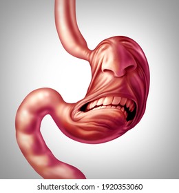 Stomach Ache And Upset Digestion Problem And Food Poisoning Pain Or Ulcer Discomfort Medical Concept As A Human Digestive Organ Painfully Screaming In A 3D Illustration Style.