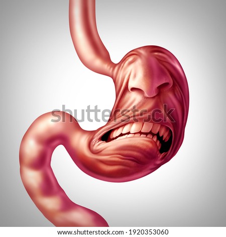 Stomach ache and upset digestion problem and food poisoning pain or ulcer discomfort medical concept as a human digestive organ painfully screaming in a 3D illustration style.