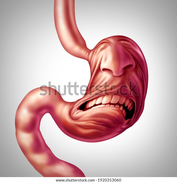 Stomach ache and\
upset digestion problem and food poisoning pain or ulcer discomfort\
medical concept as a human digestive organ painfully screaming in a\
3D illustration\
style.