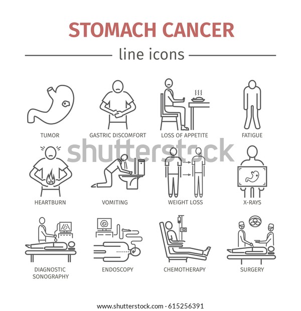 Stomach Cancer Line Icons Symptoms Diagnosis Stock Illustration 615256391