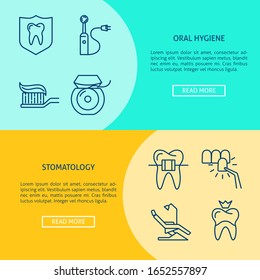 Stomatology and oral hygiene flyer templates in line style with place for text. Teeth care and treatment symbols. Medical illustration. - Powered by Shutterstock