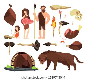 Stone Age Caveman. Hunting Neolithic People, Mammoth And Prehistoric Tools. Cartoon Ancient Human Characters