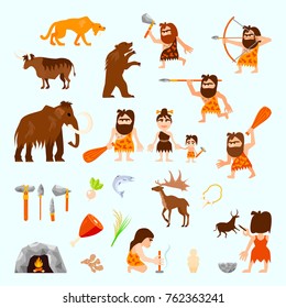 Stone age flat icons set with caveman animals tools food tribe bonfire hunting sculpture isolated  illustration