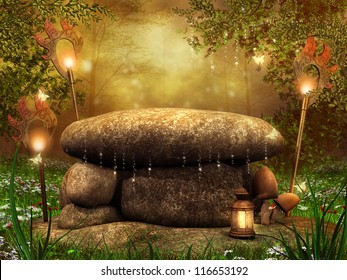 Stone Altar With Lanterns On A Meadow