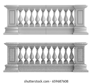 Stone balustrade front view. 3d image set, isolated on white