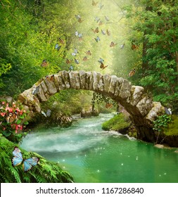 Stone bridge and river in the forest with butterflies. Photomanipulation. 3D rendering.