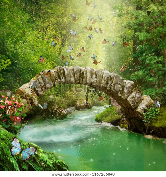 木造の橋と川に蝶がいる フォトマニピュレーション 3dレンダリング のイラスト素材