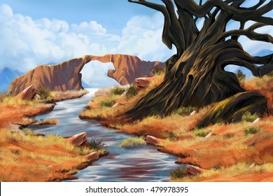 Stone Bridge, River, and Tree. Video Game's Digital CG Artwork, Concept Illustration, Realistic Cartoon Style Background