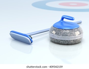 Stone and brush for curling on ice. 3d render image.