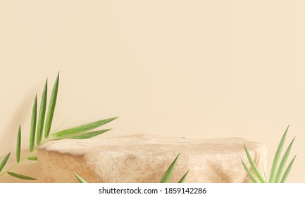 Stone Display Podium With Nature Leaves On Brown Background. 3D Rendering		