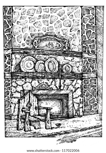 Stone Fireplace Graphic Design Gel Pen Stock Illustration 117022006