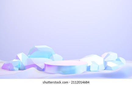 Stone Hologram Color Podium Display Background Pink Blue Light With Cloth Floor In Purple Theme. 3D Illustration Rendering.