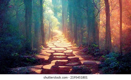 Stone Path In The Forest Among The Trees Illustration Design Art