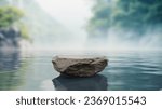 Stone pedestal display on surface of the lake, sky, mountains, forest, greenery in morning, fog, ozone, cool and shady weather. Nature zen concept ripple waves. podium of cosmetic. 3D Illustration.