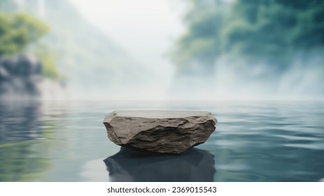 Stone pedestal display on surface of the lake, sky, mountains, forest, greenery in morning, fog, ozone, cool and shady weather. Nature zen concept ripple waves. podium of cosmetic. 3D Illustration. - Powered by Shutterstock