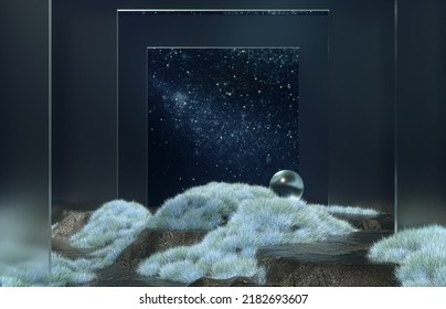 Stone podium backdrop for product display and abstract galaxy night scene  3d rendering 