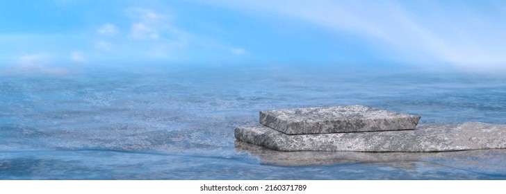 Stone podium in the clear sea. Seascape with rocks. 3D Render