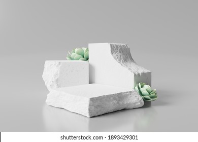 Stone podium, Cosmetic display stand with nature leaves on white background. 3D rendering