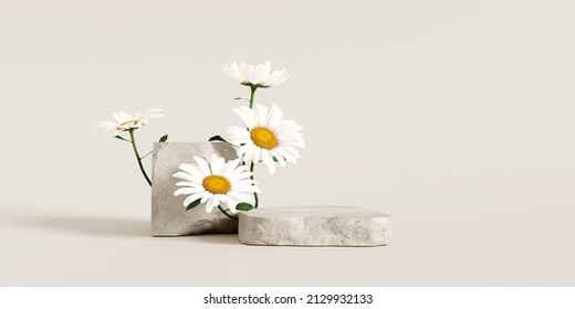 Stone podium  Cosmetic display stand and daisy blossom flowers brown background  3D rendering 
