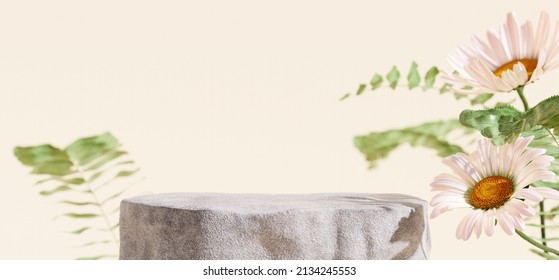 Stone Podium, Cosmetic Display Stand With Daisy Blossom Flowers On Brown Background. 3D Rendering