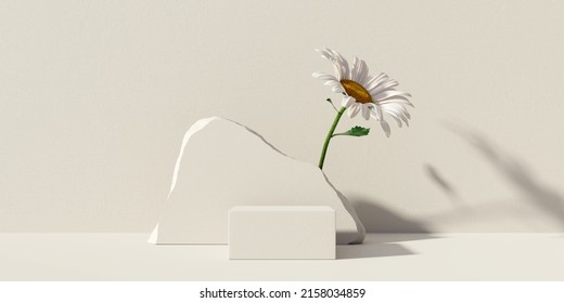 Stone Podium, Cosmetic Display Stand With Daisy Blossom Flowers On Brown Background. 3D Rendering	