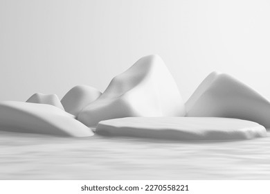 Stone podium display white stone  snow iceberg water surface in pond waves ripple in cool cold refresh nature  zen spa onsen hot spring  pedestal cosmetic product skincare  3D Illustration 
