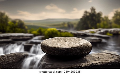 Stone podium in the jungle forest 3d illustration, waterfall and river stream on the background, natural display stage for product advertising - Powered by Shutterstock