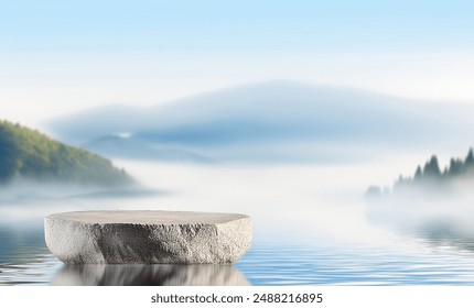 Stone podium on the water with gentle waves and a misty mountain background. Pedestal stage for showcasing beauty products, including skincare, makeup, and cosmetics - Powered by Shutterstock