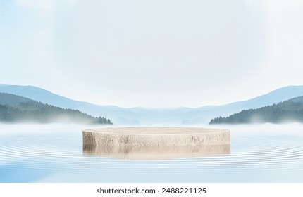 Stone podium on the water with water waves and a misty mountain background, serving as a pedestal for beauty product displays. Perfect for highlighting skincare, makeup, and cosmetics. - Powered by Shutterstock