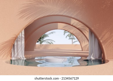 Stone podium for packaging and cosmetic presentation, natural sunshade shadow on  wall.  Product display with arch warm plaster wall and pool. Summer beach scene. realistic rendering. 3d illustration