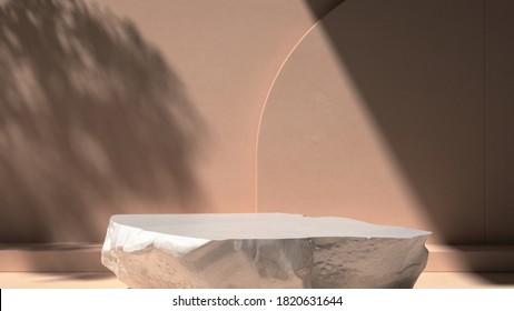 Stone Podium For Packaging Presentation And Cosmetic, Natural Sunshade Shadow On  Wall.  Product Display With Warm Plaster Texture. Realistic Rendering. 3d Illustration