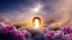 A Stone Portal In A Flower Arch In A Pink Fairytale Forest Clearing. Magical Way To Travel. 3d Rendering. Raster Illustration.