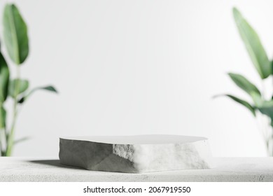 Stone Product Display Podium With Blurred Nature Leaves Background. 3D Rendering