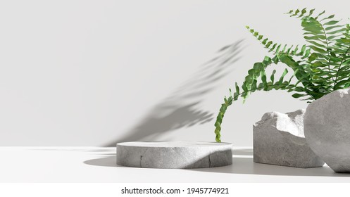 Stone Product Display Podium With Nature Leaves On White Background. 3D Rendering