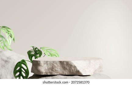 Stone Product Display Podium With Nature Leaves On Brown Background. 3D Rendering