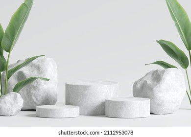 Stone product display podium and nature leaves background  3D rendering	