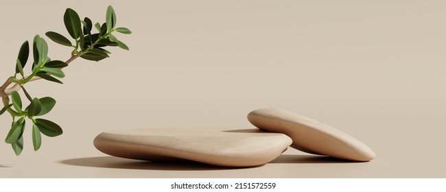 Stone Product Display Podium With Nature Leaves On Brown Background. 3D Rendering	