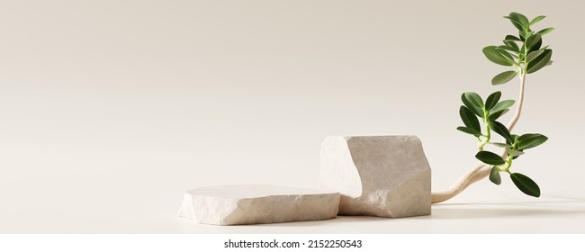 Stone Product Display Podium With Nature Leaves On Brown Background. 3D Rendering	
