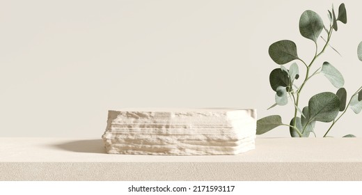 Stone Product Display Podium With Nature Leaves And Branch On Brown Background. 3D Rendering