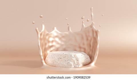 Stone product podim with beige liquid cream splash. Cream fluid flow for cosmetics showcase. 3d rendering podium mockup.