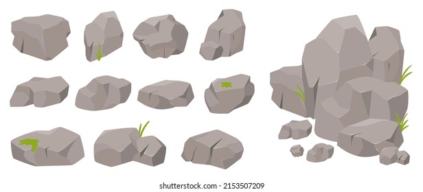 Stone rock illustration set. Cartoon decorative single, piled stones of different shapes with grass, nature rough landscape, pile of natural rock pebble or granite collection isolated on white