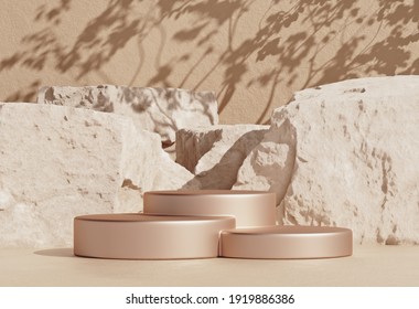 Stone rock shape background mockup with golden product podium for display or showcase cosmetic products, 3d rendering. 