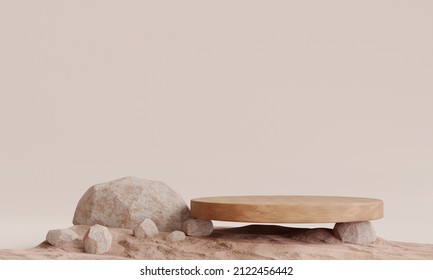 stone with rounded wood podium on earth tone colour background for product presentation. Natural beauty pedestal, relaxation and health, 3d illustration