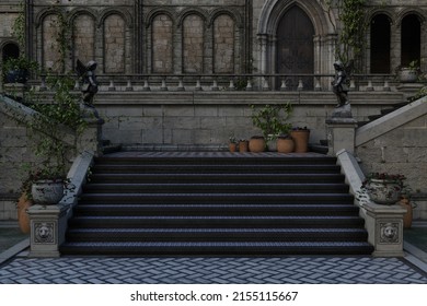 Stone staircase in the courtyard of an old mansion house or palace. 3D render.