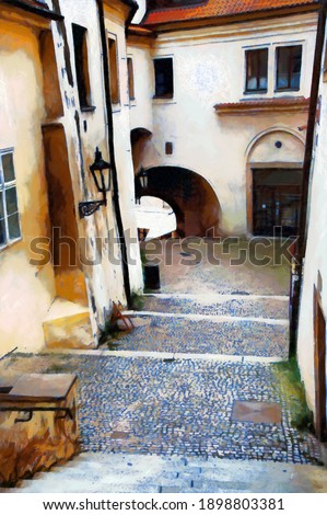Stone staircase in the old town of Prague, digital generated painting