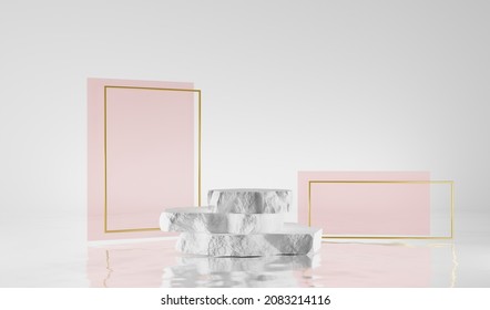 Stone Step Podium With And Abstract Pink Geometric Figures And Golden Rectangle Frames. Floating Pedestal On Water. Natural Rough White Rock For Beauty Cosmetic Product Display, 3d Render Illustration