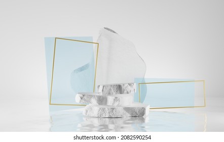 Stone Step Podium With Golden Rectangle Frames And Blue Abstract Geometric Figures, Floating Pedestal On Water. Natural Rough White Rock For Beauty Cosmetic Product Display, 3d Render Illustration