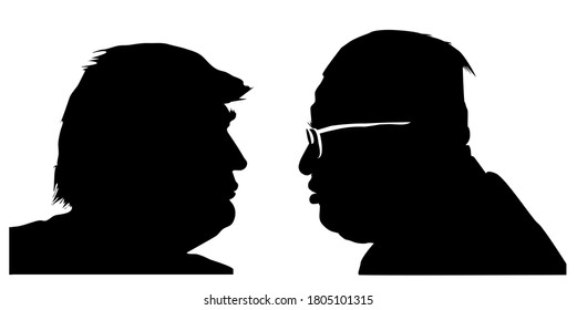 Stone / UK - July 12 2020: Donald Trump and Kim Jong Un silhouette. Illustrative for US - North Korea relationship. Raster illustration. Black and white. 